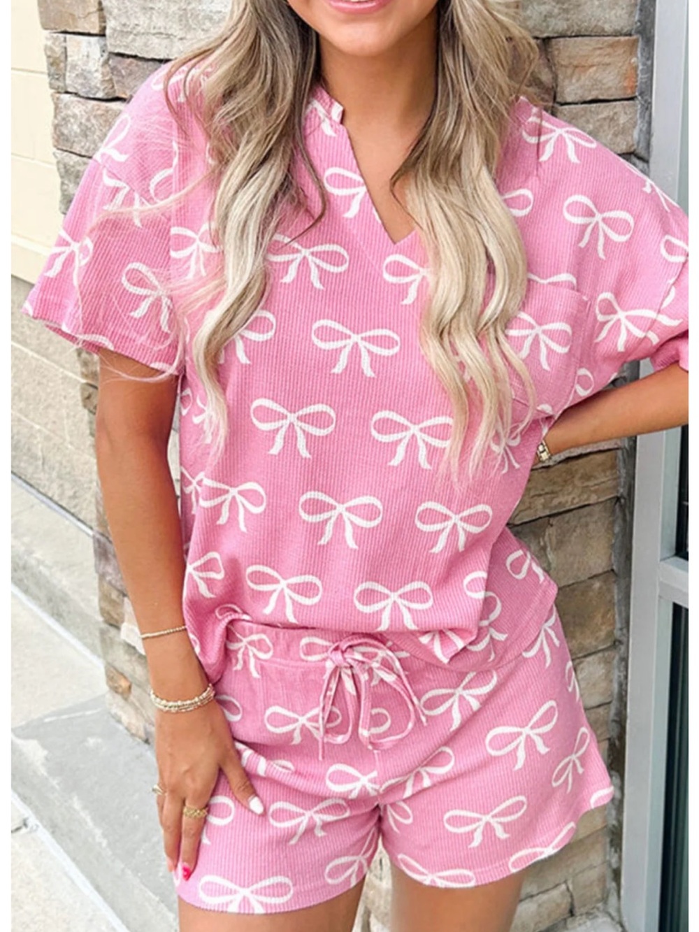 Pink Bow Print Women's Short Set
